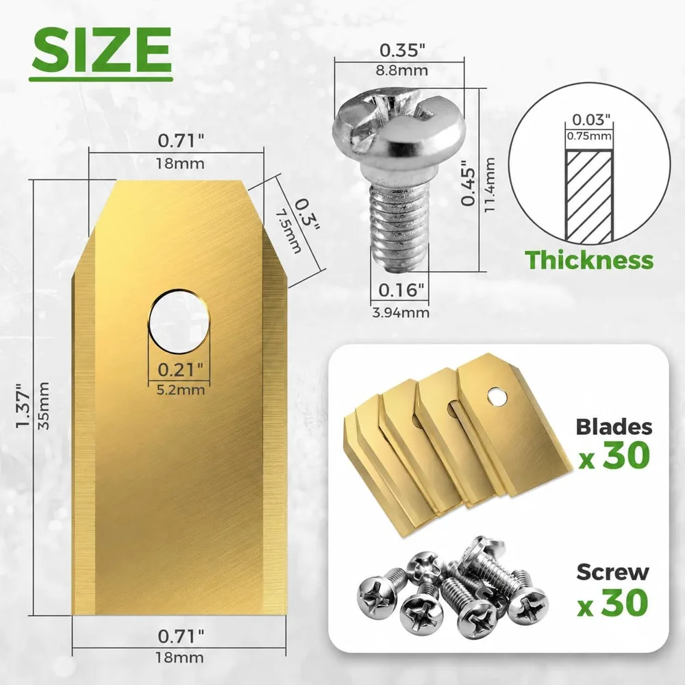 Size diagram for the titanium-coated regular-size robot mower blade and screw